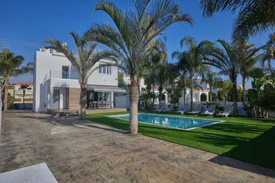 a house with a swimming pool and palm trees at Sunrise Villa 9 in Ayia Napa