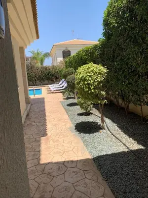 a garden with a walkway next to a house at Villa 28 Protaras in Protaras