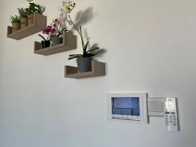 a wall with three shelves with plants and a microwave at Unforgettable Experience in a Modern Apartment! in Larnaka