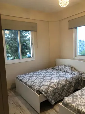 a bedroom with a bed and two windows at Great Views Apartment II in Limassol