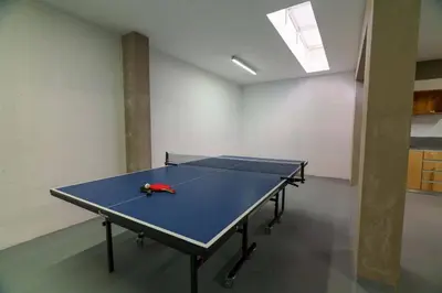 a ping pong table in a room with a ping pong racket at Geo Panoramic Villa Konnos - Pool, Game Room, Gym in Protaras