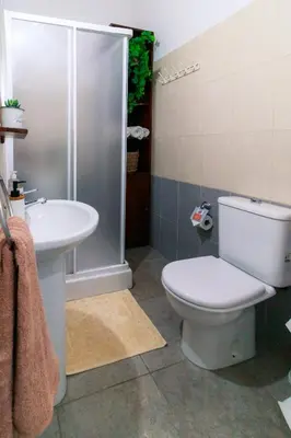 a bathroom with a toilet and a sink and a shower at Stella's Country House in Prodromos