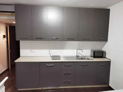 a kitchen with gray cabinets and a sink at Luxury Apartment No. 202 (Napa Ace) in Ayia Napa