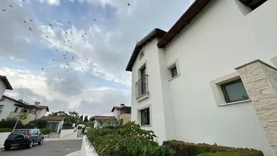 a flock of birds flying over a white house at Merab Holidays Villas - K13 in Ayia Napa