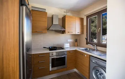 a small kitchen with wooden cabinets and a sink at Ayia Napa Holiday Apartment Na101 in Ayia Napa