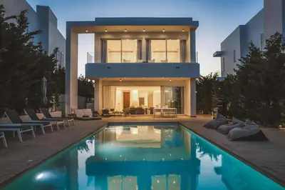 a house with a swimming pool in front of a house at Protaras Beachfront Villa Blue Waves in Protaras