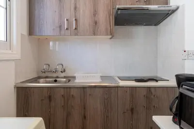 a kitchen with wooden cabinets and a sink at Orchid's Cozy Studio & Balcony in Larnaca in Larnaka