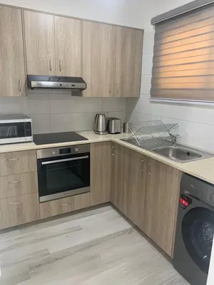 a kitchen with wooden cabinets and a sink and a dishwasher at Prestige Worldwide Apartments in Ayia Napa