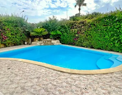 a large blue swimming pool in a yard at Villa Victoria Ayia Napa in Ayia Napa