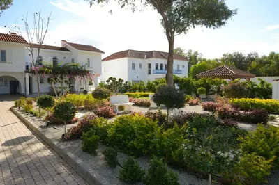 a garden in front of a house at Meneou Houses by the Sea in Larnaka