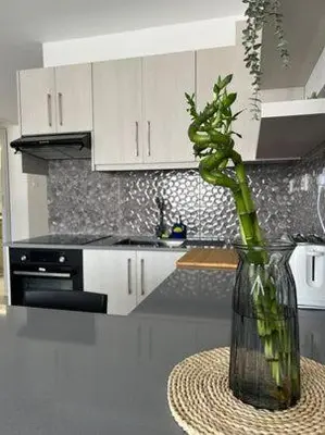 a kitchen with a vase with a plant in it at Stay With Oleg C111 in Paralimni