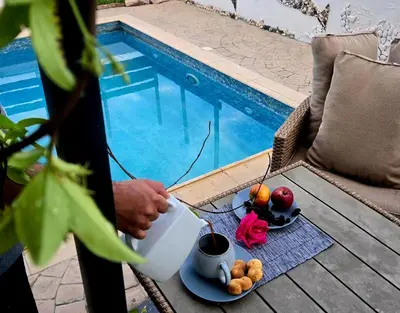 a table with a plate of fruit next to a swimming pool at Tereza's House in Ayvaryara