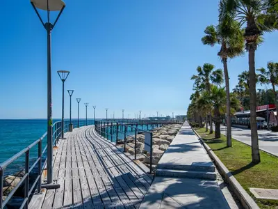a boardwalk next to the ocean with palm trees at Sanders Premier Downtown in Limassol