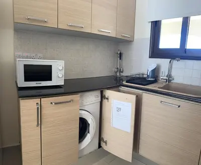 a kitchen with a washing machine and a microwave at Quiet kykladesAG10/near the beach, Paralimni in Paralimni