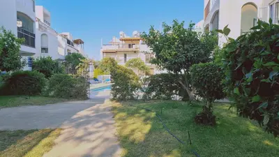 an empty street with trees in front of buildings at STAY Sand Flat in Paralimni