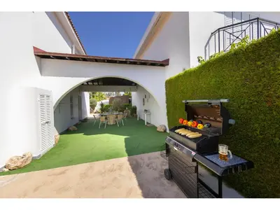 a backyard with an outdoor grill and a green hedge at Protaras Apollon Seaside Villa in Protaras