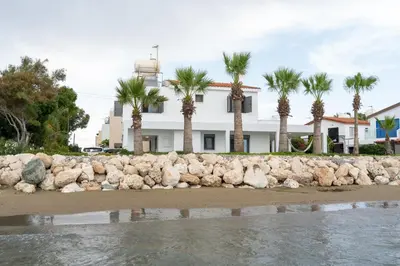 a white building with palm trees in front of the beach at Meneou Blu Beach House* in Meneou