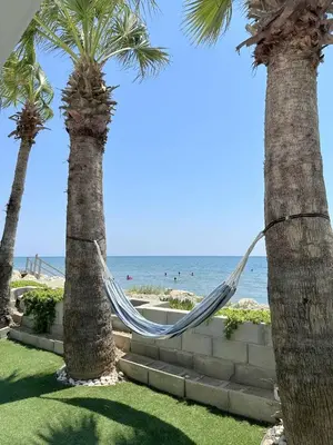a hammock between two palm trees on the beach at Meneou Blu Beach House* in Meneou