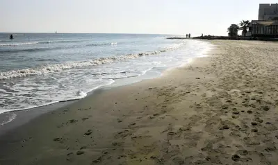 a beach with footprints in the sand and the ocean at Stadem Studios in Larnaka