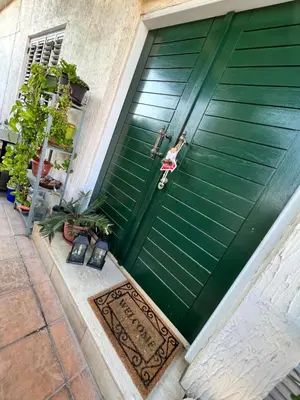a child sitting on a scooter on a green door at Green Door Apartment in Limassol