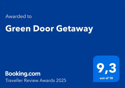 a blue screen with the words green door getaway at Green Door Getaway in Limassol