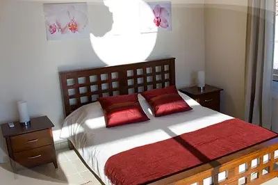 a bedroom with a large bed with red pillows at Anastasia in Pissouri