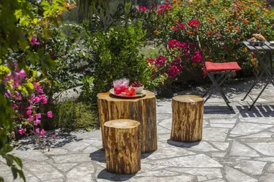 a table with a bowl of fruit on top of two logs at Liora Suite in Protaras