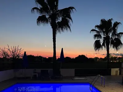 a swimming pool with a palm tree and a sunset at Sunset Pearl Holiday Villa in Ayia Napa
