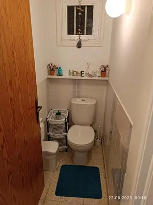 a small bathroom with a toilet and a window at Ferienhaus_FamilyKrausz in Pervolia