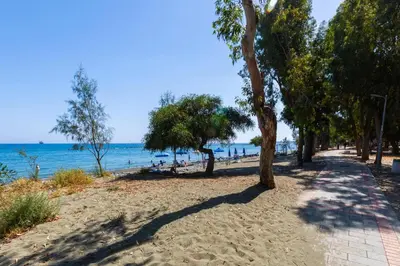a sandy beach with trees and people on the beach at Modern seafront apartment in Limassol