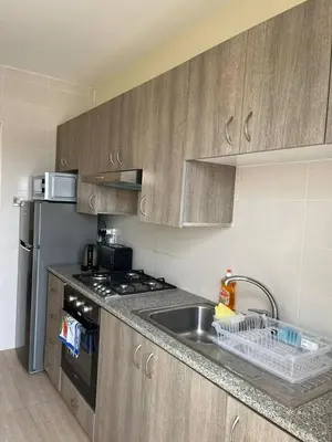 a kitchen with a sink and a stainless steel refrigerator at Beach apartment Mackenzie, Larnaca in Larnaka