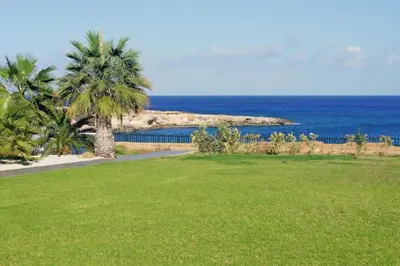a green lawn with palm trees and the ocean at Number 10 @ Coralli in Protaras