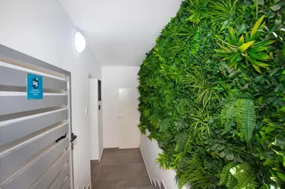 a green wall in a hallway with a door at STAY Zen Studio in Limassol