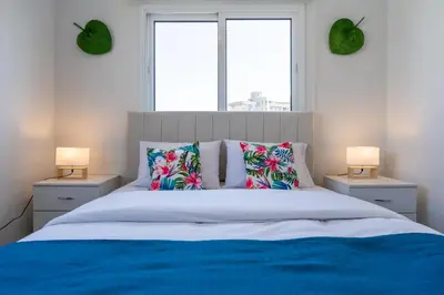 a bedroom with a large bed with pillows and two windows at Diamond’s 2-Bedroom Apartment in Larnaca in Larnaka