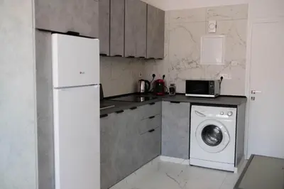 a kitchen with a white refrigerator and a washing machine at Lima Residence in Nicosia
