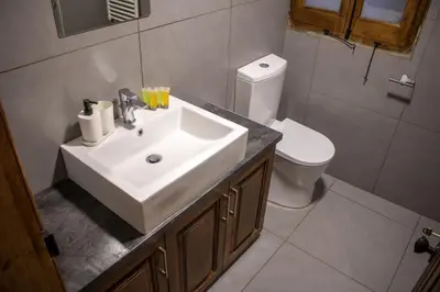 a bathroom with a white sink and a toilet at Αρχοντικό Αλεξάνδρου in Kakopetria