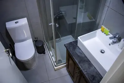 a bathroom with a toilet and a sink and a shower at Αρχοντικό Αλεξάνδρου in Kakopetria