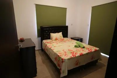 a small bedroom with a bed with a green wall at Villa Melyia in Kato Pyrgos