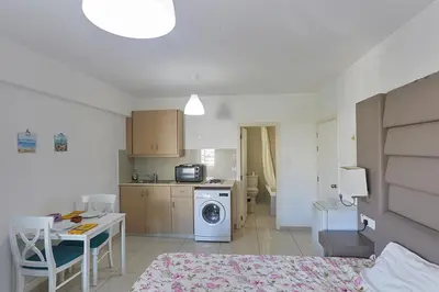 a kitchen with a table and a washing machine at Napa Hera 's Nest in Ayia Napa