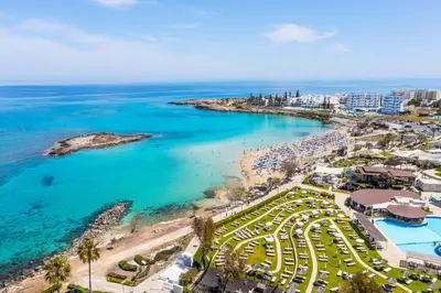 an aerial view of a beach and the ocean at Studio in Protaras in Protaras