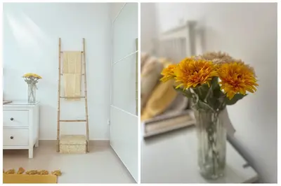 two pictures of a vase with flowers in a room at Villa Hera in Ayios Theodhoros