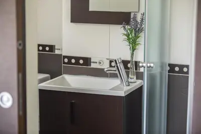 a bathroom sink with a vase of flowers on it at Protaras Seaside Villa Michelle 10 in Protaras