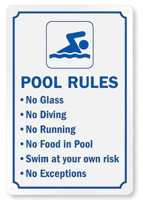 a sign that reads pool rules no glass no driving no running swim at your own at Sol e Mar Villa 2 in Paralimni