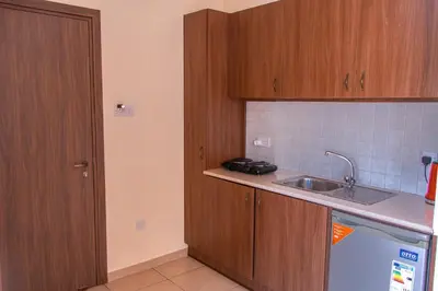 a kitchen with wooden cabinets and a sink at Lakis Court in Larnaka
