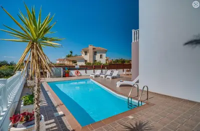 a swimming pool in a villa with a palm tree at Spacious Villa with Private Pool & Breathtaking Panoramic Ayia Napa views in Ayia Napa