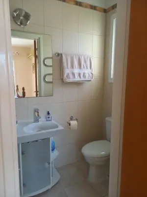 a bathroom with a sink and a toilet and a mirror at Villa Penny in Pissouri