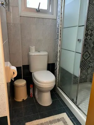 a small bathroom with a toilet and a shower at Makenzie 2 rooms first line beach in Larnaka