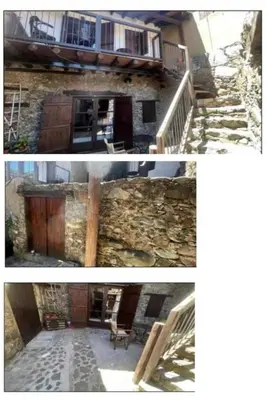 two pictures of a building with stairs and a house at Πετροκτιστο in Kakopetria