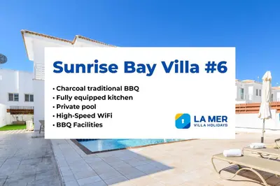 a sign for a villa with a swimming pool at Sunrise Bay Villa #6 in Protaras