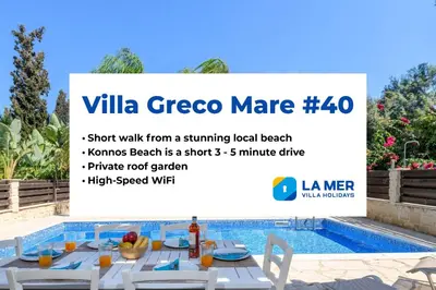 a advert for a villa greenspace mere short walk from a swimming at Villa Greco Mare #40 in Protaras